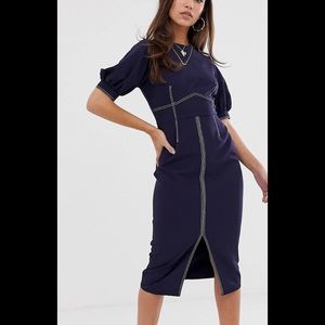 Contrast stitch midi dress with puff sleeves